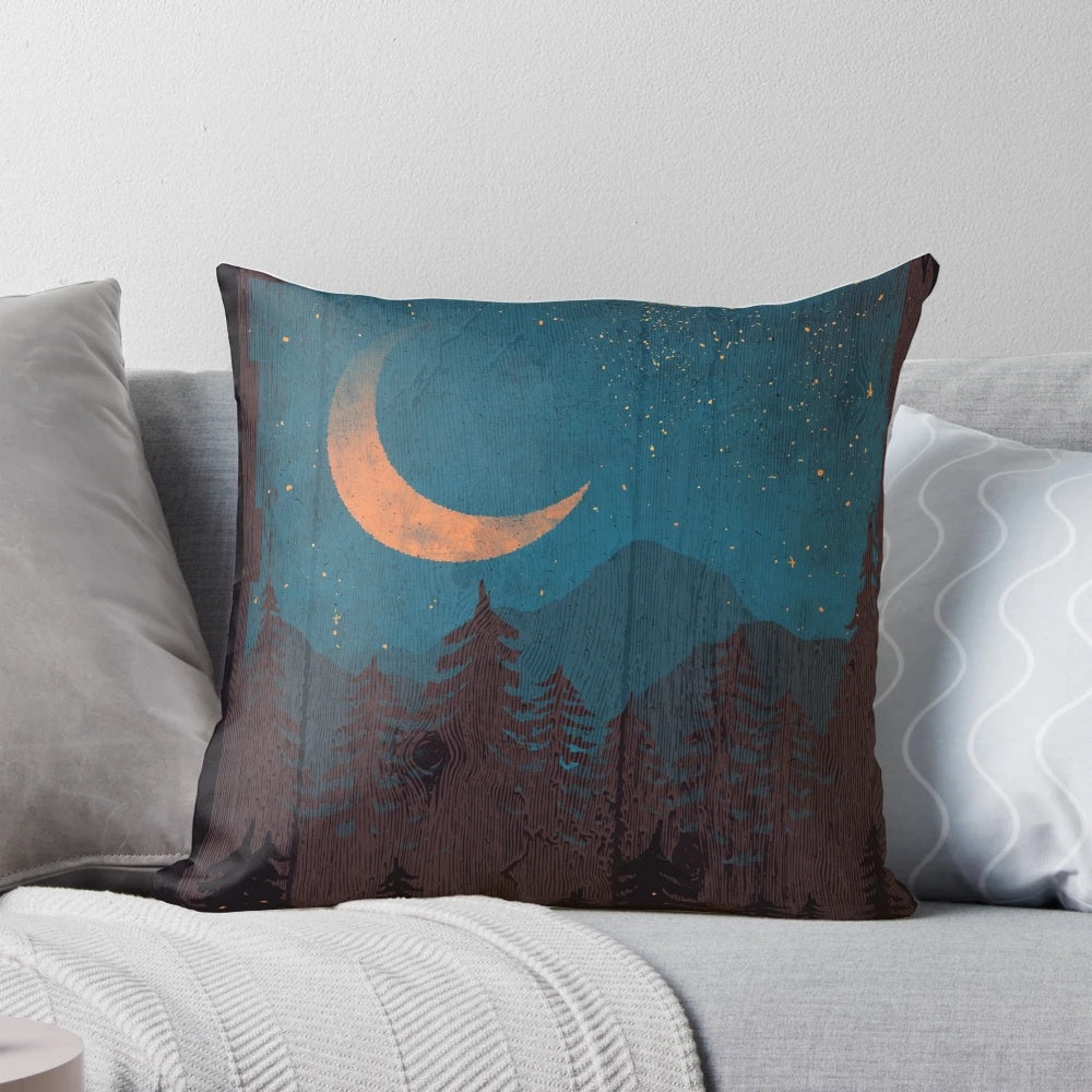 Serene landscape pillow featuring a night sky with stars, lightning bugs, and mountains