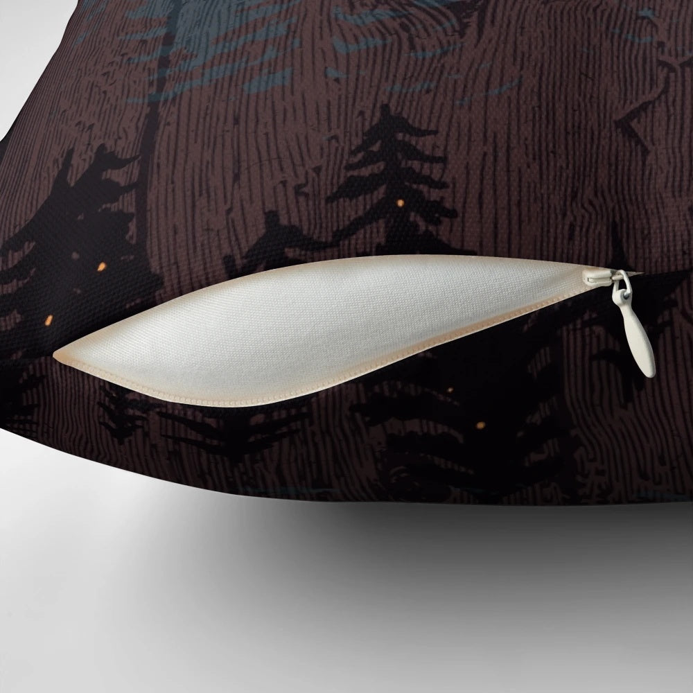 Serene landscape pillow featuring a night sky with stars, lightning bugs, and mountains
