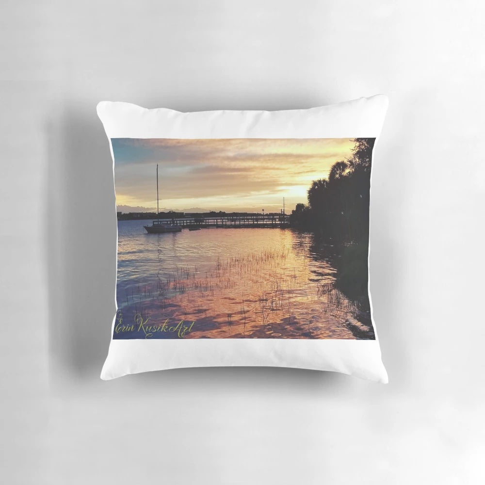 Calm Before the Storm Pillow featuring a peaceful beach scene with a sailboat at sunset