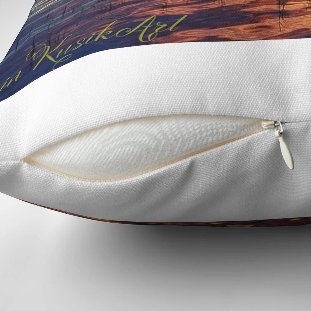 Calm Before the Storm Pillow featuring a peaceful beach scene with a sailboat at sunset