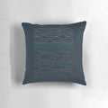 A stylish linear landscape pillow featuring a minimalist design with mountains, clouds, and a sea or ocean scene.