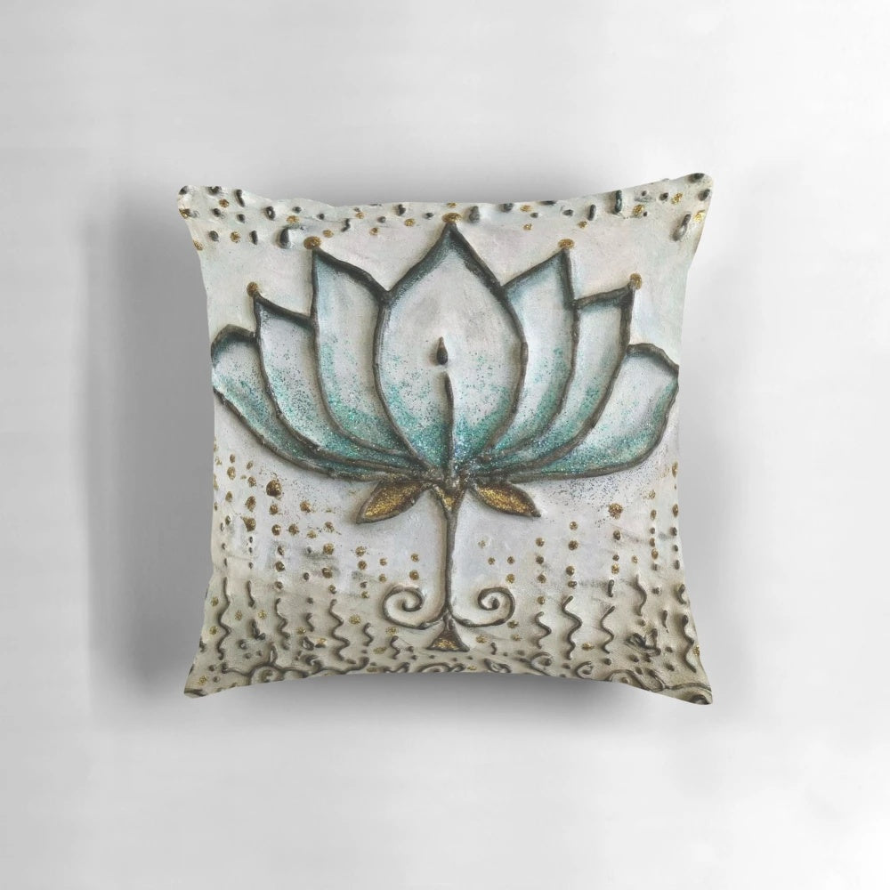 Soft, floral meditation pillow featuring a beautiful lotus flower design for yoga, relaxation, and mindfulness.