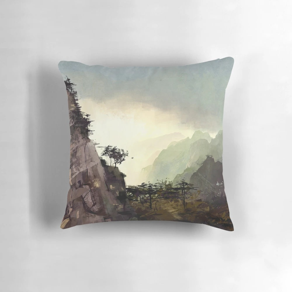 Soft, cozy pillow featuring a misty, mountainous landscape design for a calming, peaceful ambiance.