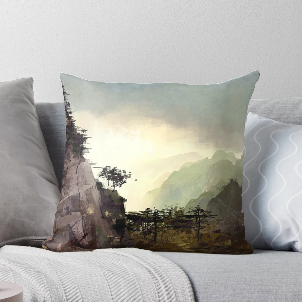 Soft, cozy pillow featuring a misty, mountainous landscape design for a calming, peaceful ambiance.