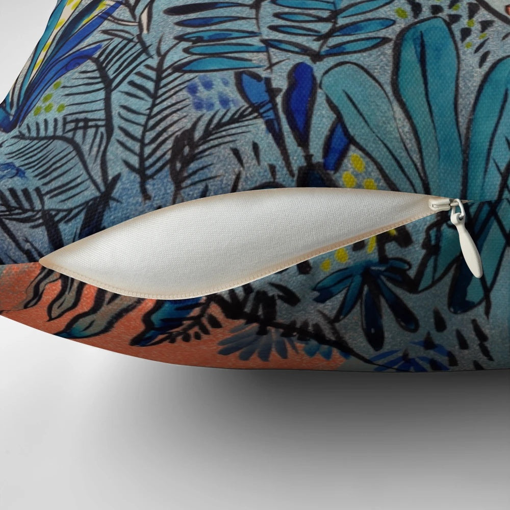 Pillow featuring a detailed illustration of a bird hiking in the mountains at sunrise