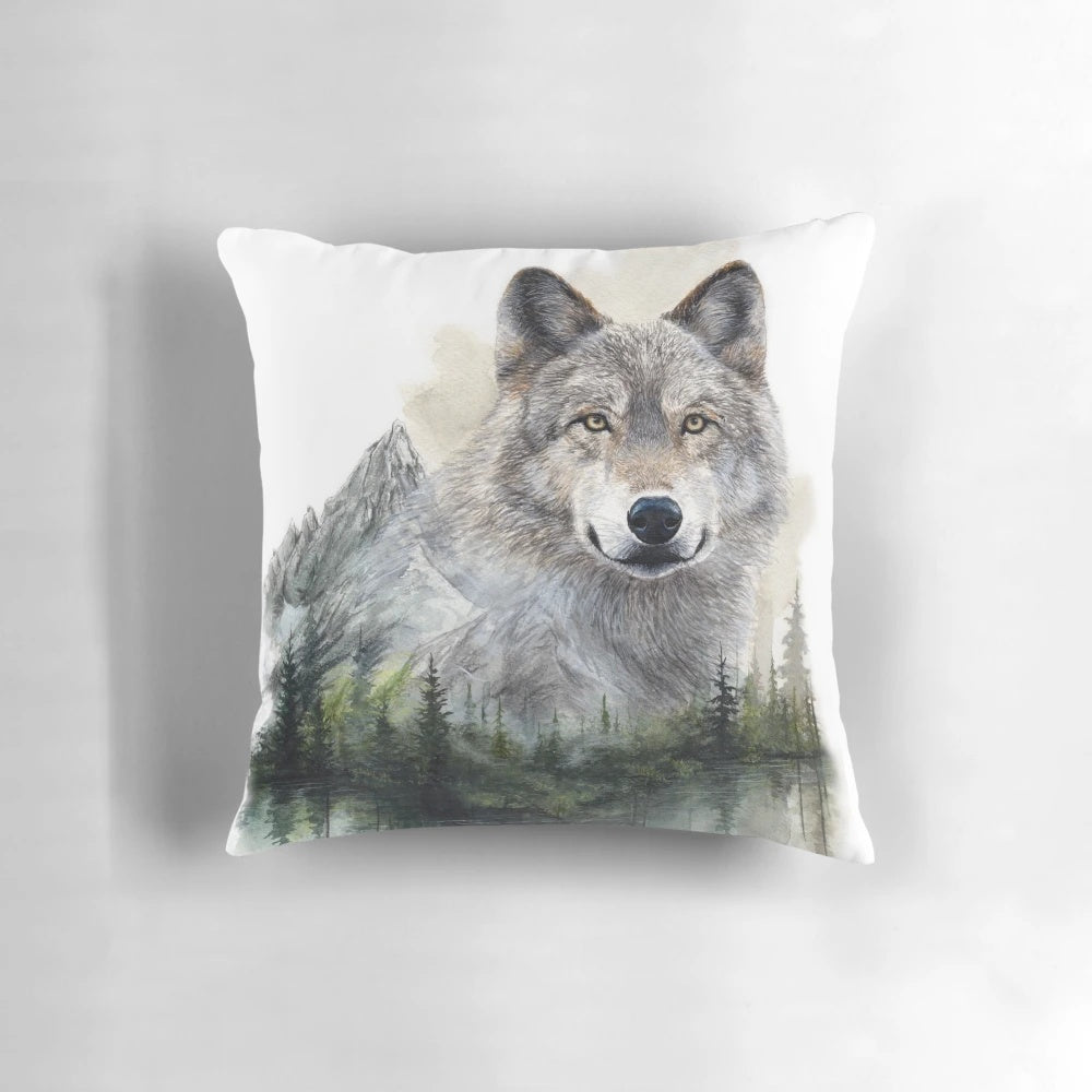 Soft, plush pillow featuring a stunning mountain range landscape with a wolf and lake
