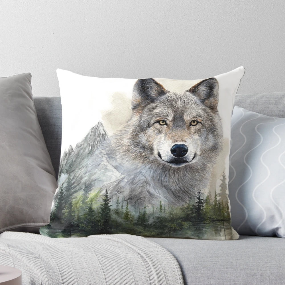 Soft, plush pillow featuring a stunning mountain range landscape with a wolf and lake