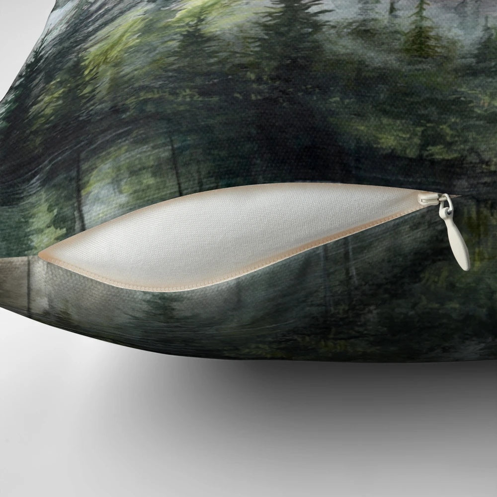 Soft, plush pillow featuring a stunning mountain range landscape with a wolf and lake