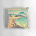 Vibrant nature landscape pillow featuring a mountain sunset scene with blue skies, clouds, and trees
