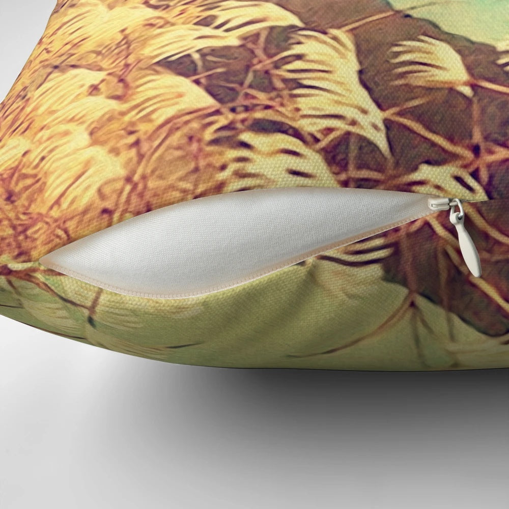 Vibrant nature landscape pillow featuring a mountain sunset scene with blue skies, clouds, and trees