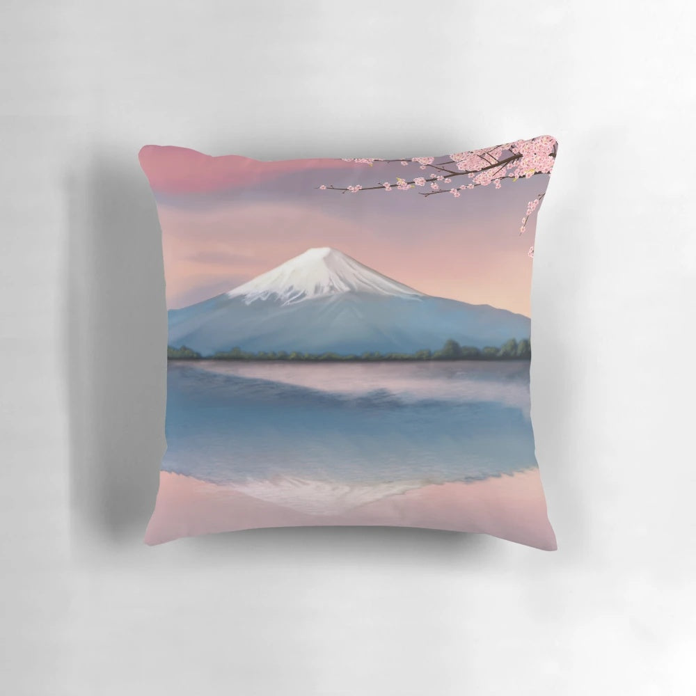 Pillow featuring a semi-realistic depiction of the iconic Mt. Fuji in Japan, surrounded by beautiful pink cherry blossoms.