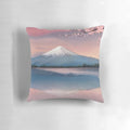 Pillow featuring a semi-realistic depiction of the iconic Mt. Fuji in Japan, surrounded by beautiful pink cherry blossoms.