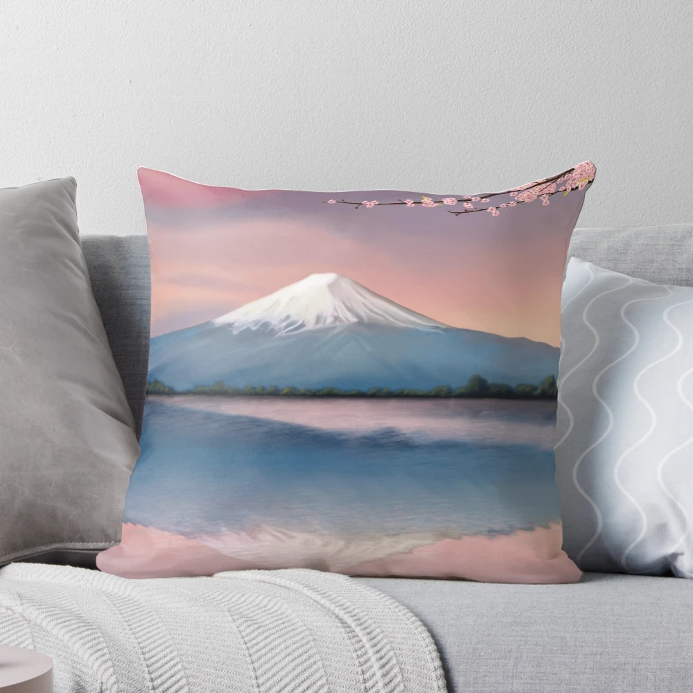 Pillow featuring a semi-realistic depiction of the iconic Mt. Fuji in Japan, surrounded by beautiful pink cherry blossoms.