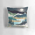 A tranquil pillow featuring a scenic landscape with a lake, mountains, and trees in shades of blue, teal, and green.