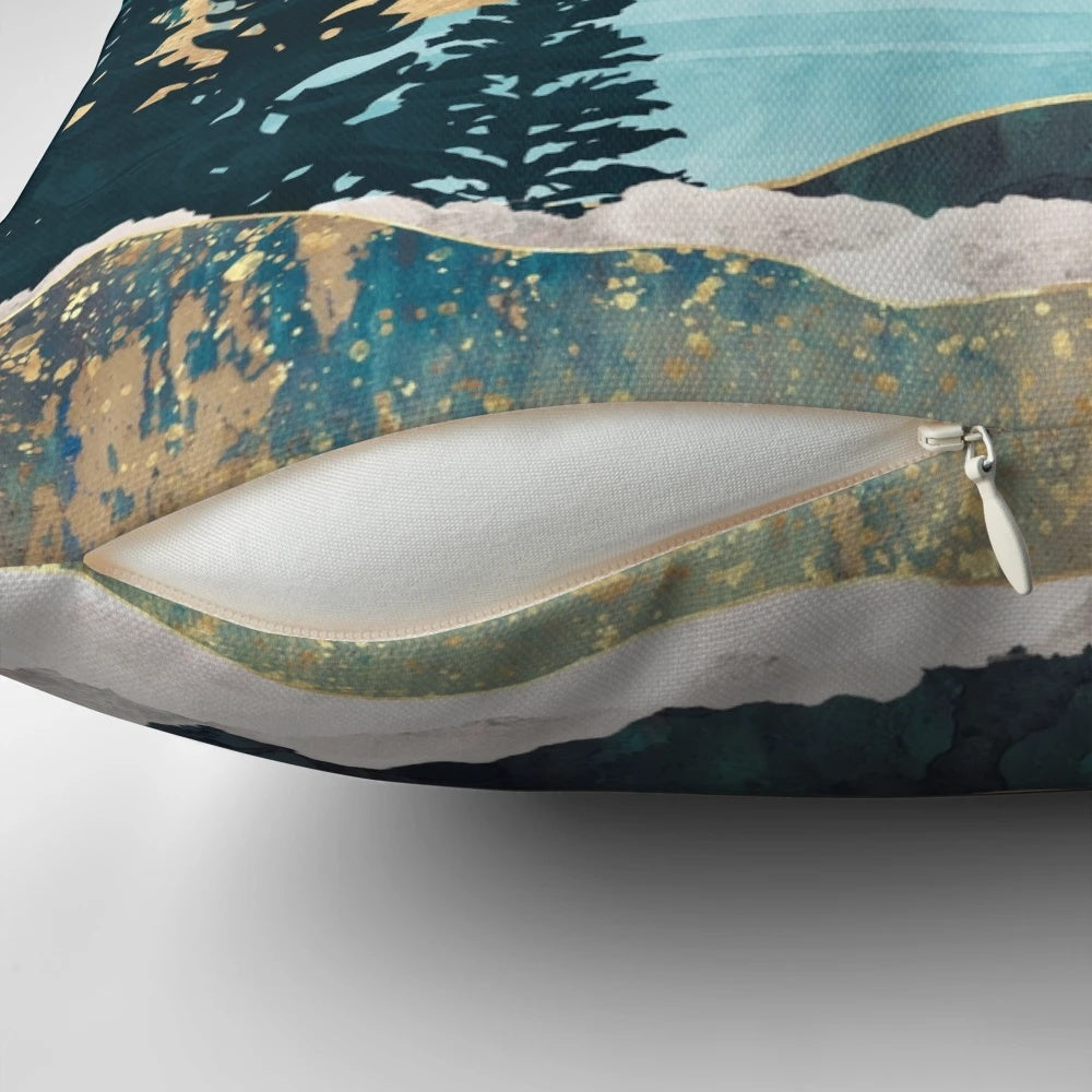 A tranquil pillow featuring a scenic landscape with a lake, mountains, and trees in shades of blue, teal, and green.