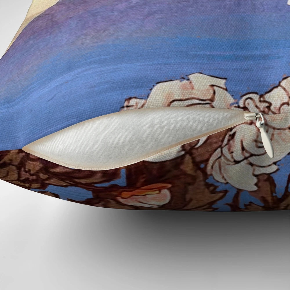 A cozy decorative pillow with a stunning nature landscape design featuring mountains, clouds, and colorful flowers.