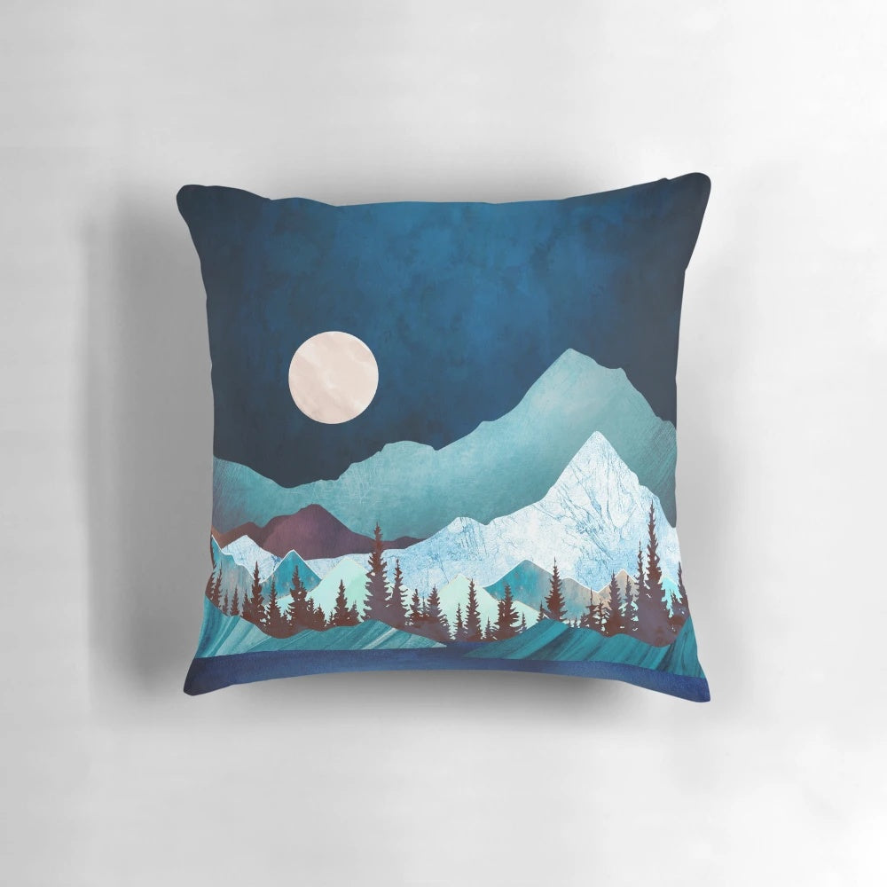 Serene nature landscape pillow with abstract blue, green, and mauve design