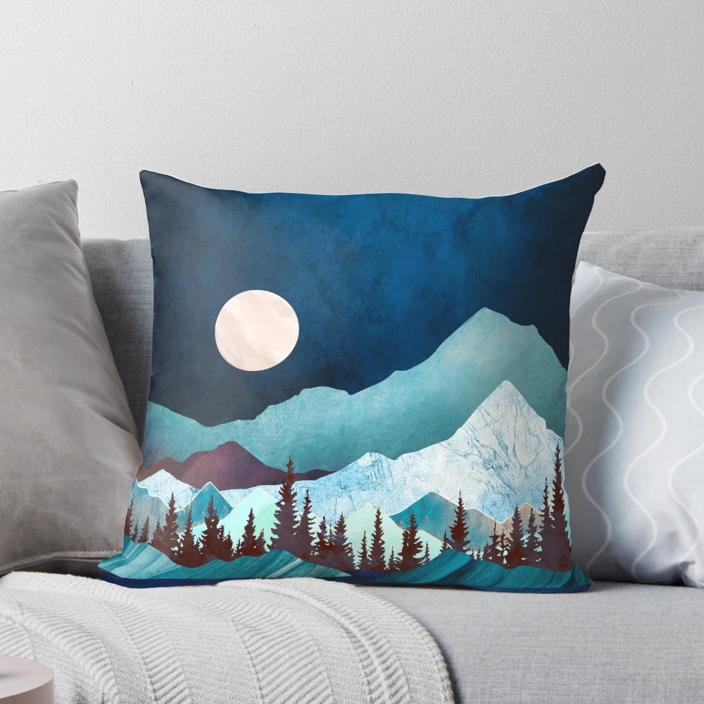 Serene nature landscape pillow with abstract blue, green, and mauve design