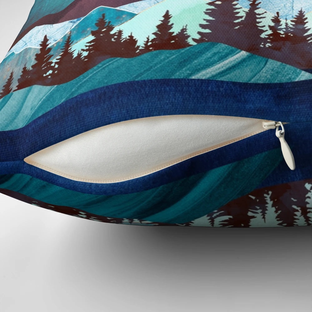 Serene nature landscape pillow with abstract blue, green, and mauve design