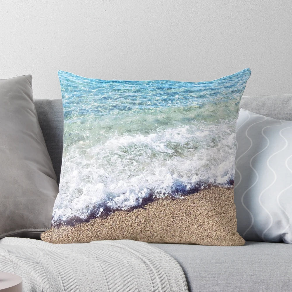 Soft, plush pillow featuring a serene ocean blue shore waves design, perfect for tropical beach-inspired home decor.