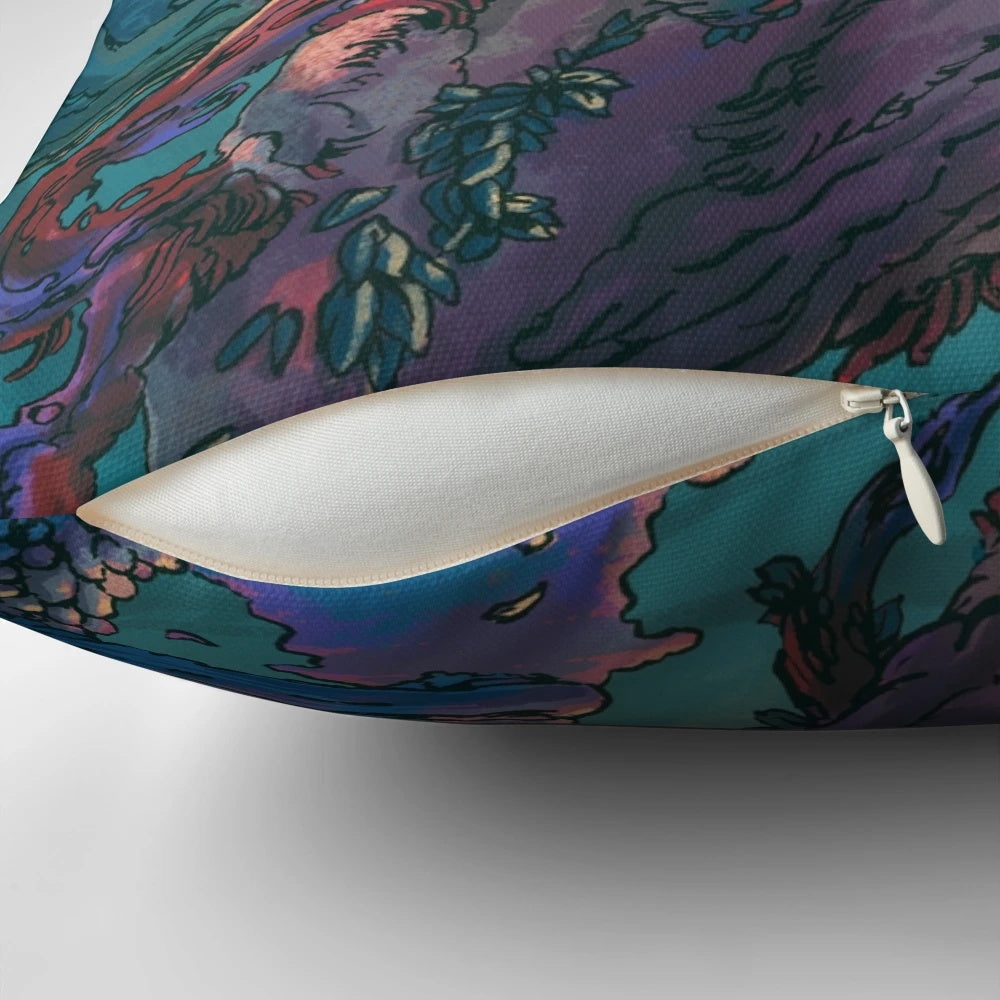 Decorative pillow featuring a vibrant underwater scene with fish, pearls, and a golden color palette