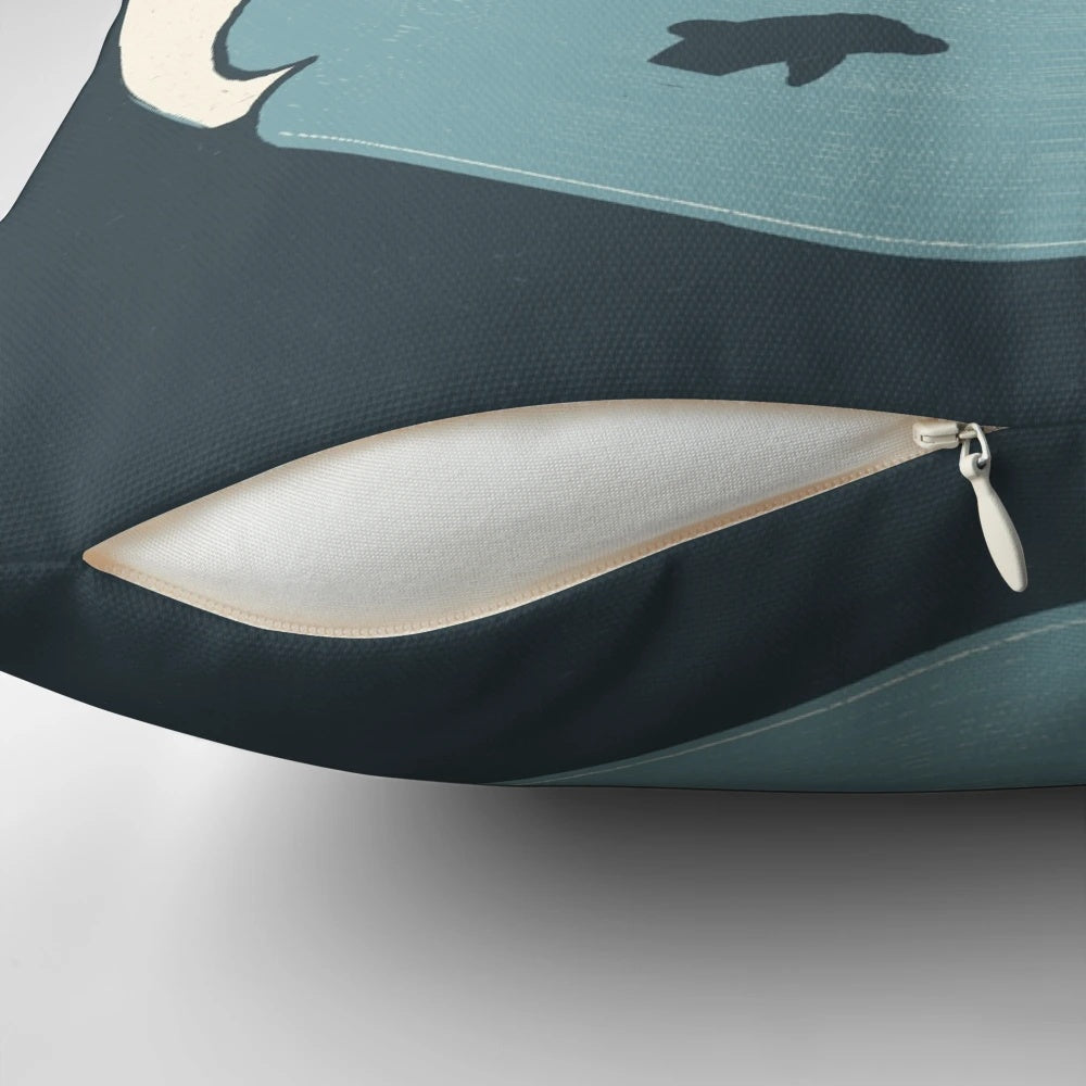 A soft, nature-inspired pillow featuring a tranquil ocean scene with waves, dolphins, and a beautiful sunrise or sunset.
