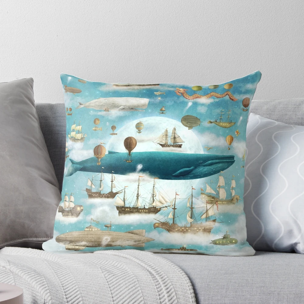 Serene ocean meets sky pillow featuring a surreal blue whale design