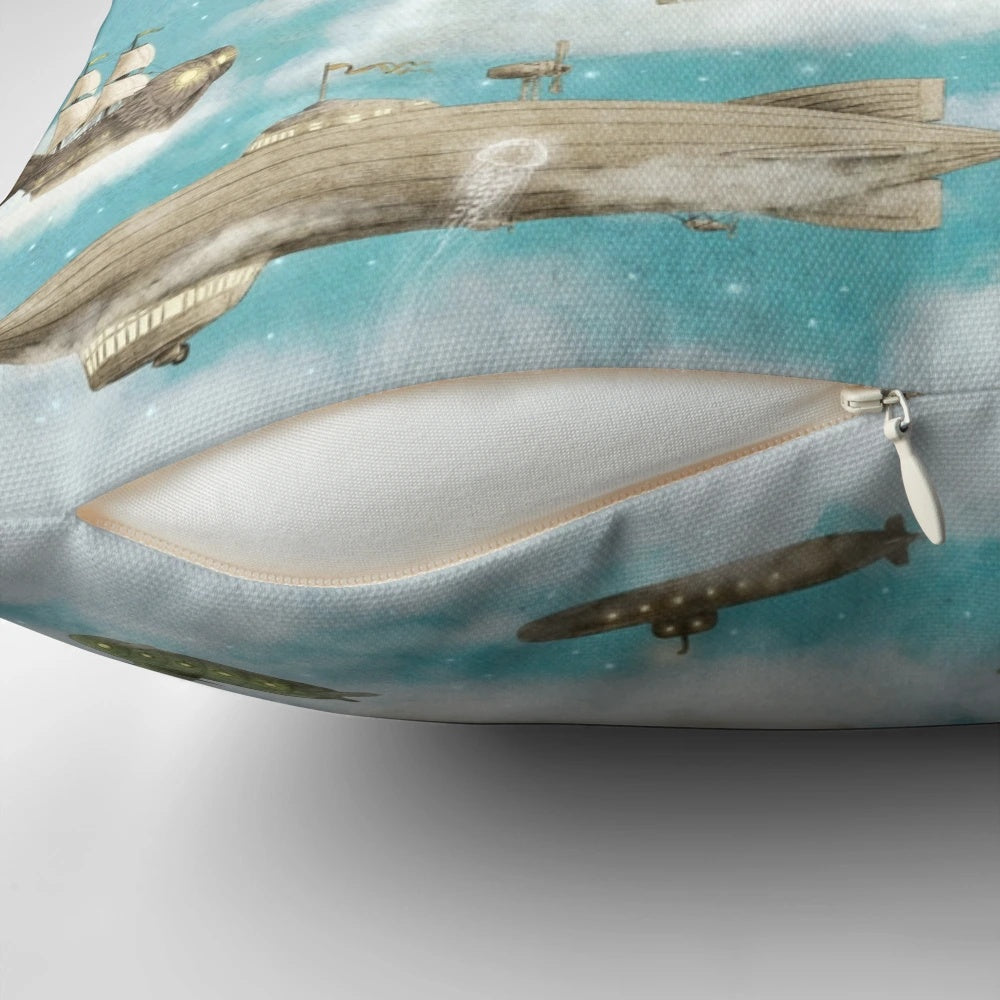 Serene ocean meets sky pillow featuring a surreal blue whale design