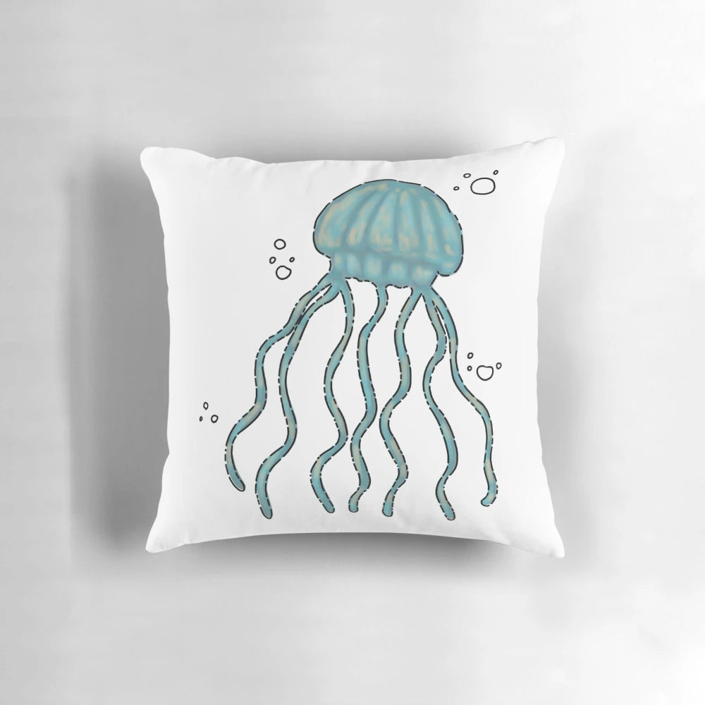Vibrant blue and white jellyfish pillow with a calming, underwater aesthetic
