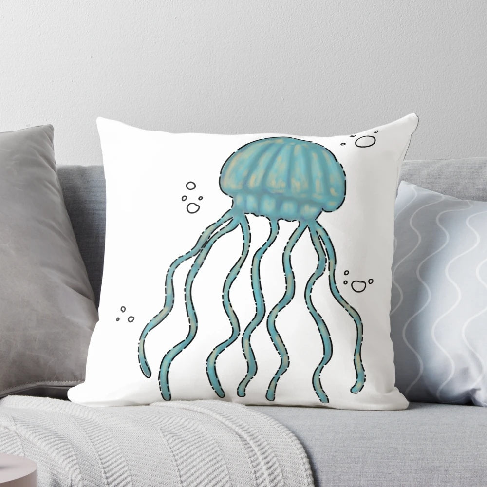 Vibrant blue and white jellyfish pillow with a calming, underwater aesthetic