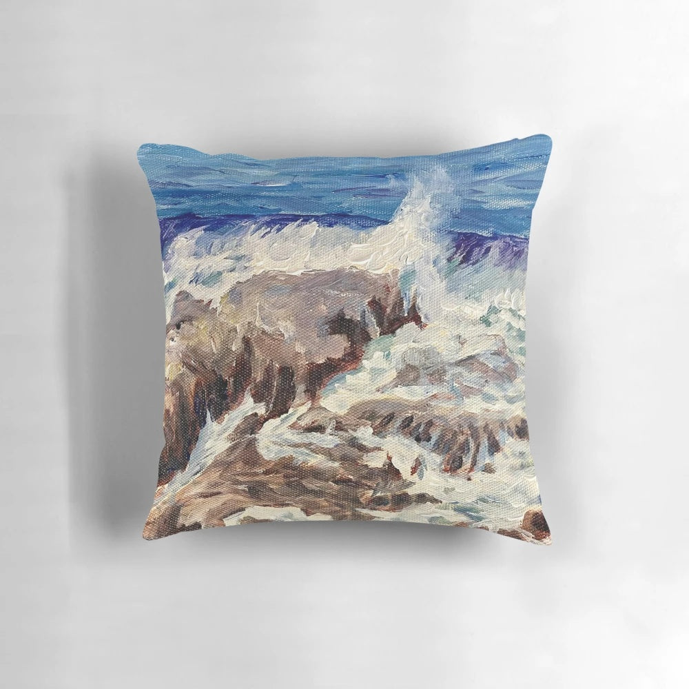 Galician-inspired ocean waves and whitecaps printed on a soft, comfortable pillow