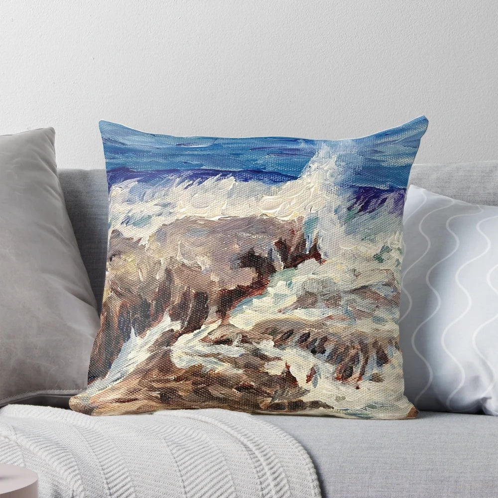 Galician-inspired ocean waves and whitecaps printed on a soft, comfortable pillow