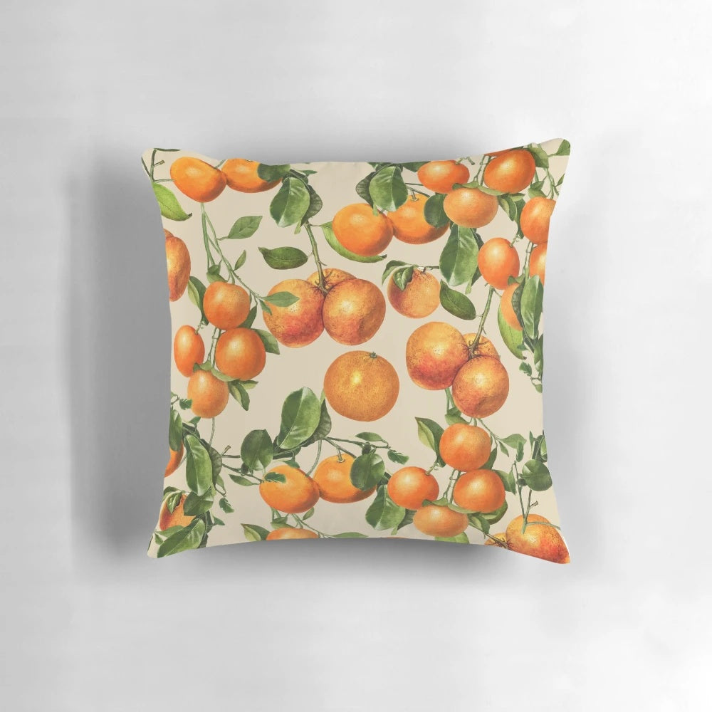 Vibrant orange fruits and delicate floral branches adorn this soothing botanical pillow, creating a calming oasis in your space.
