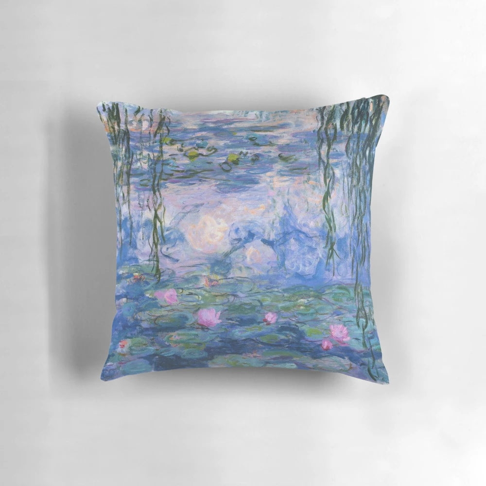 Soft, colorful pillow featuring the iconic water lilies painting by the renowned impressionist artist Claude Monet.
