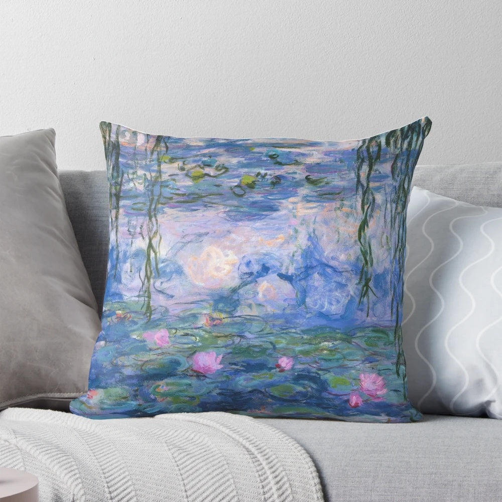 Soft, colorful pillow featuring the iconic water lilies painting by the renowned impressionist artist Claude Monet.