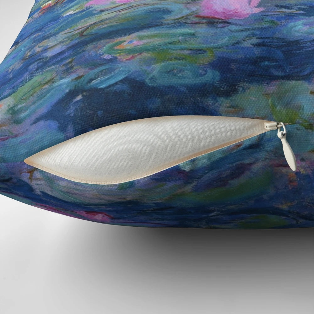 Soft, colorful pillow featuring the iconic water lilies painting by the renowned impressionist artist Claude Monet.