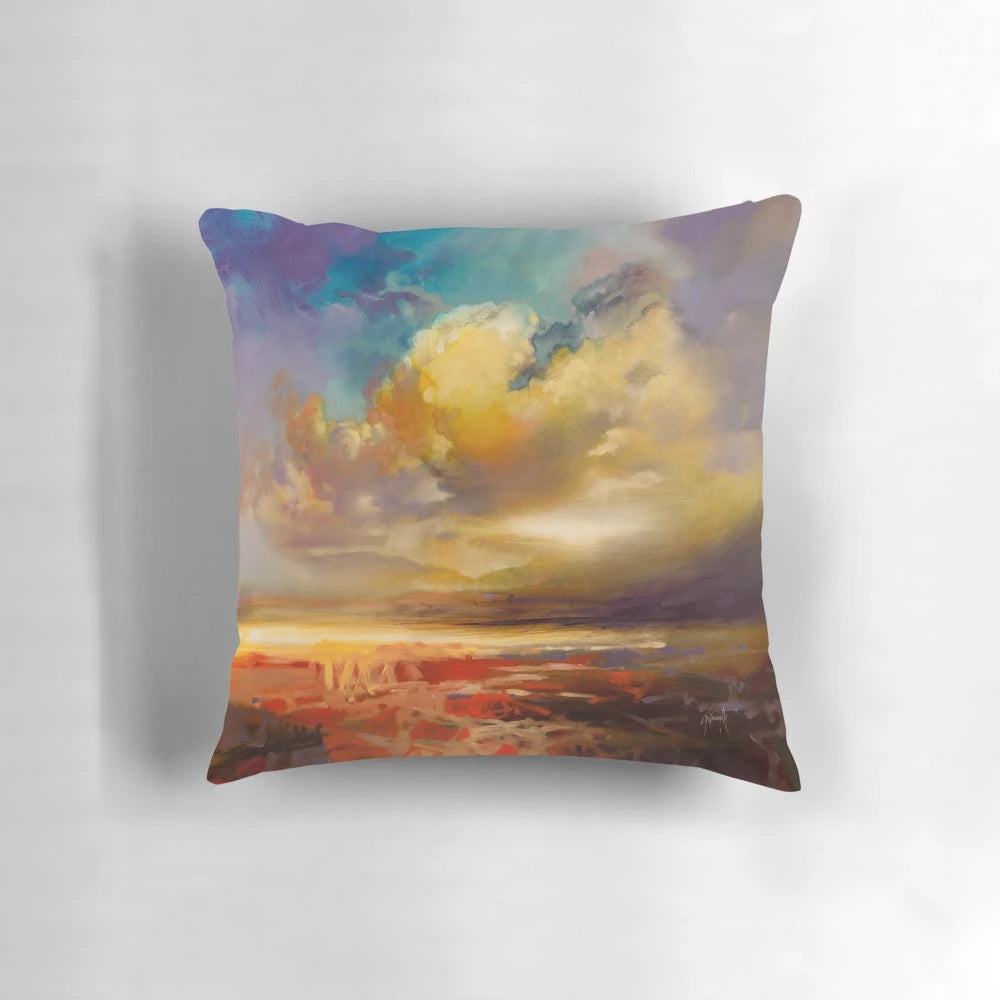 A tranquil seascape pillow featuring a soft, hazy landscape with clouds and a warm, sepia-toned sky, evoking the atmospheric beauty of the Scottish Hebrides.