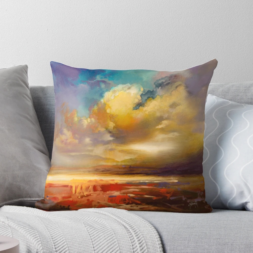 A tranquil seascape pillow featuring a soft, hazy landscape with clouds and a warm, sepia-toned sky, evoking the atmospheric beauty of the Scottish Hebrides.