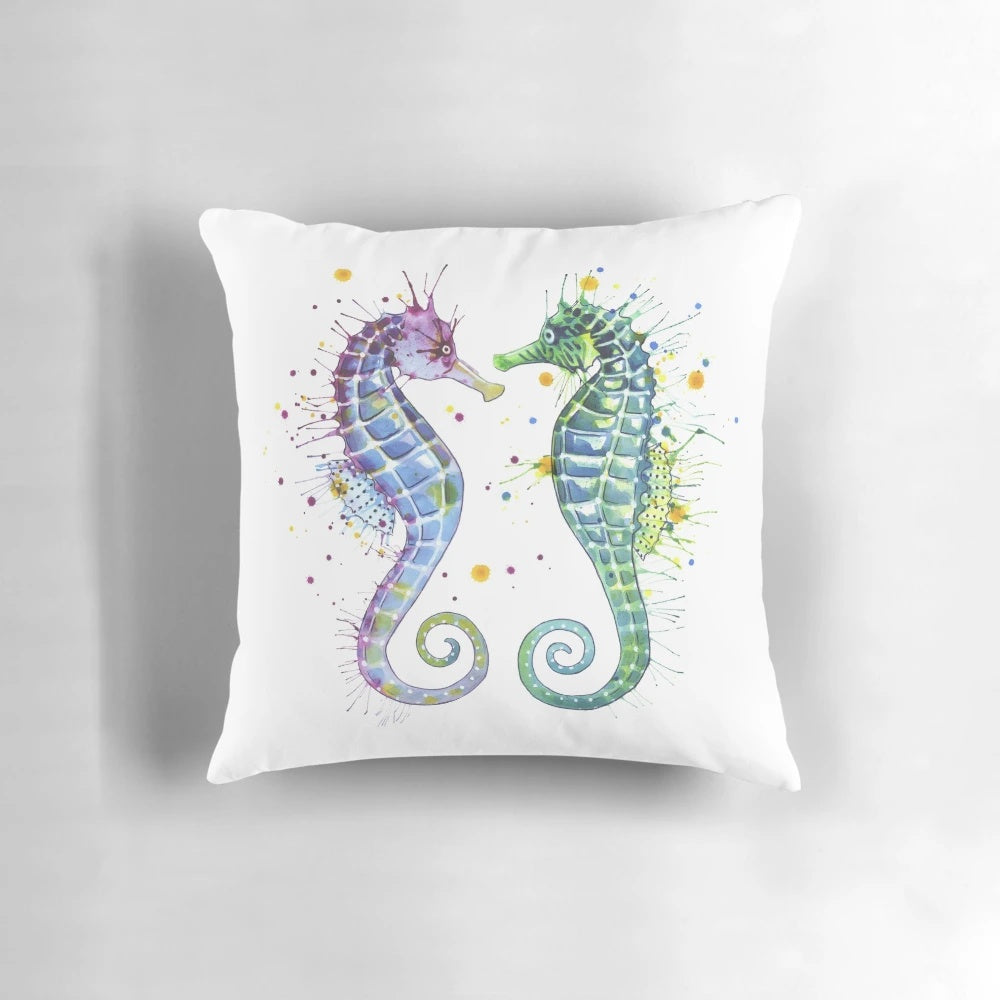Vibrant watercolor seahorse design on a plush pillow, perfect for adding a touch of the sea to any space.