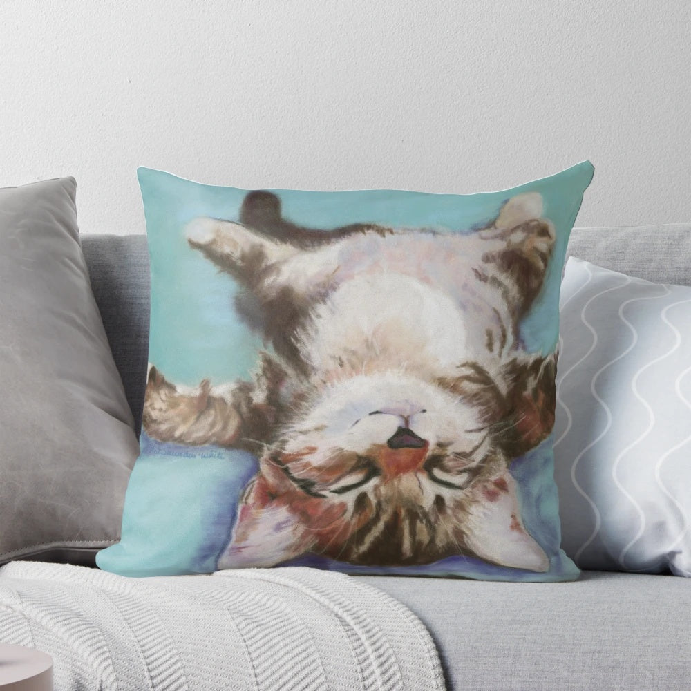 Peaceful sleeping kitten in turquoise pastel painting