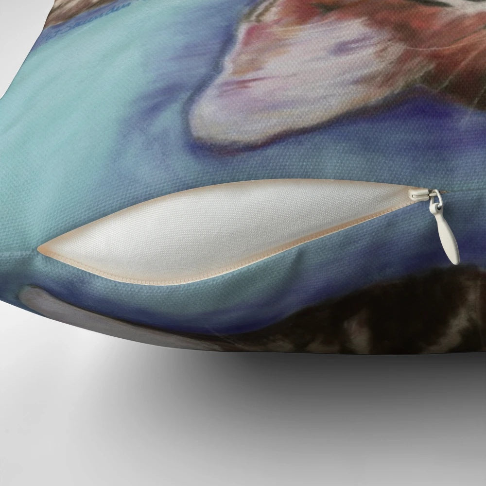Peaceful sleeping kitten in turquoise pastel painting