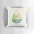 Artistic spring pillow featuring a modern, minimalist landscape painting in shades of green, pink, and white.