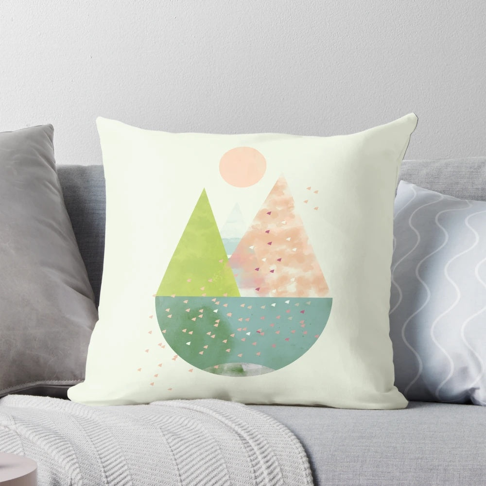 Artistic spring pillow featuring a modern, minimalist landscape painting in shades of green, pink, and white.