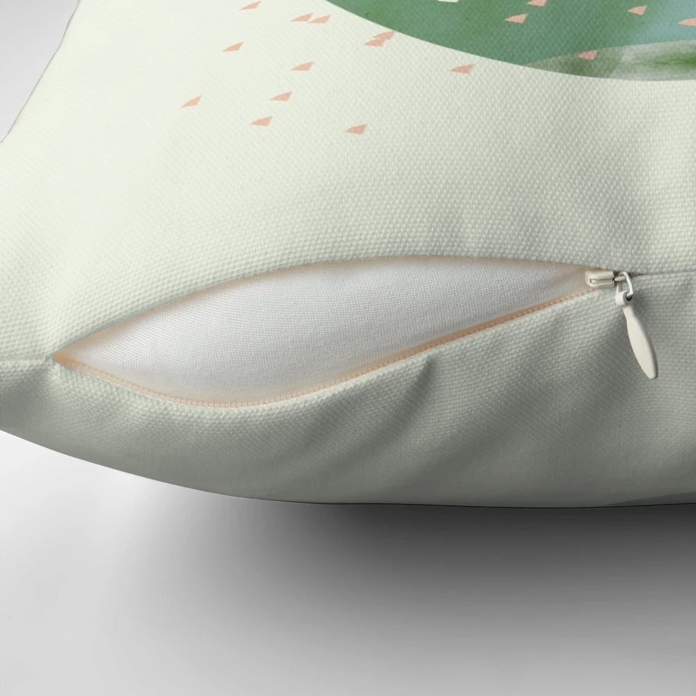 Artistic spring pillow featuring a modern, minimalist landscape painting in shades of green, pink, and white.