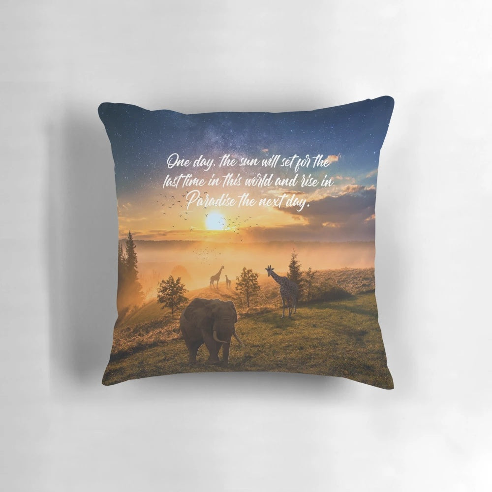 Vibrant image of a stunning sunrise over a lush, verdant paradise landscape, perfect for JW-themed home decor
