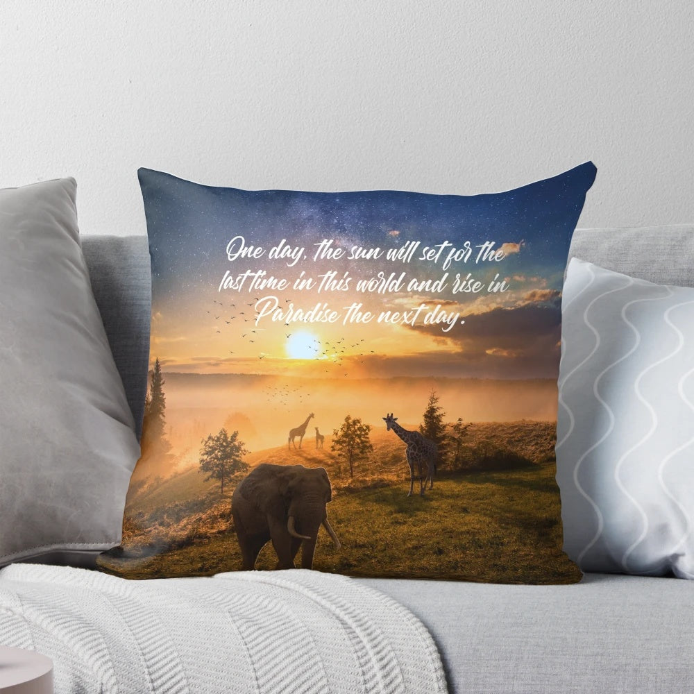Vibrant image of a stunning sunrise over a lush, verdant paradise landscape, perfect for JW-themed home decor