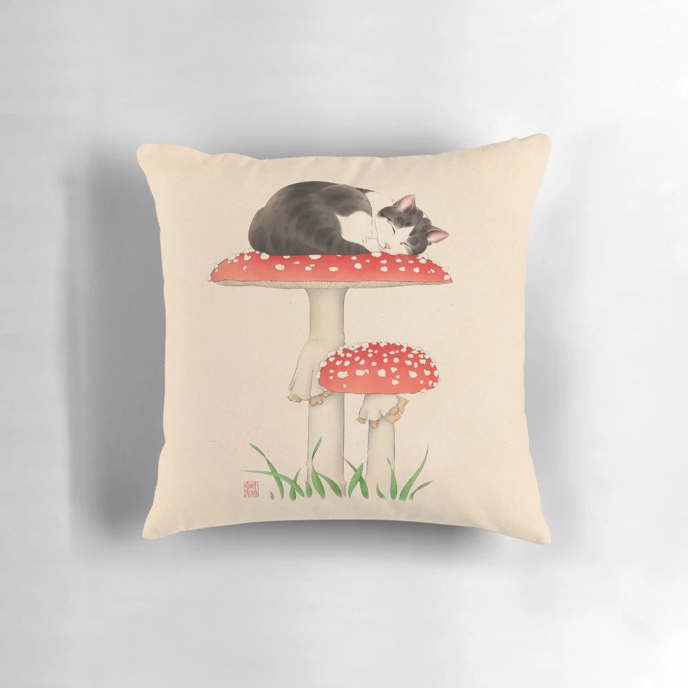 A tabby cat peacefully sleeping on colorful toadstool mushrooms in a relaxing, Japanese-inspired style.
