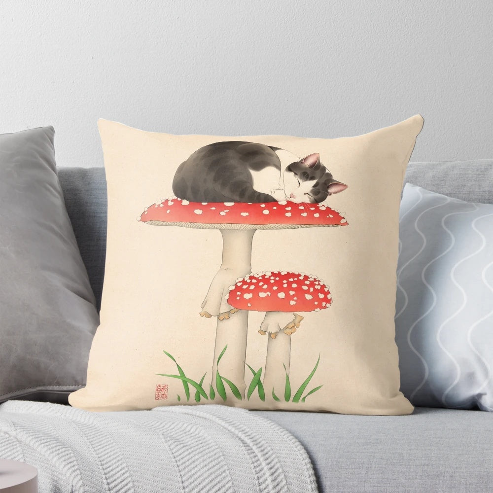 A tabby cat peacefully sleeping on colorful toadstool mushrooms in a relaxing, Japanese-inspired style.