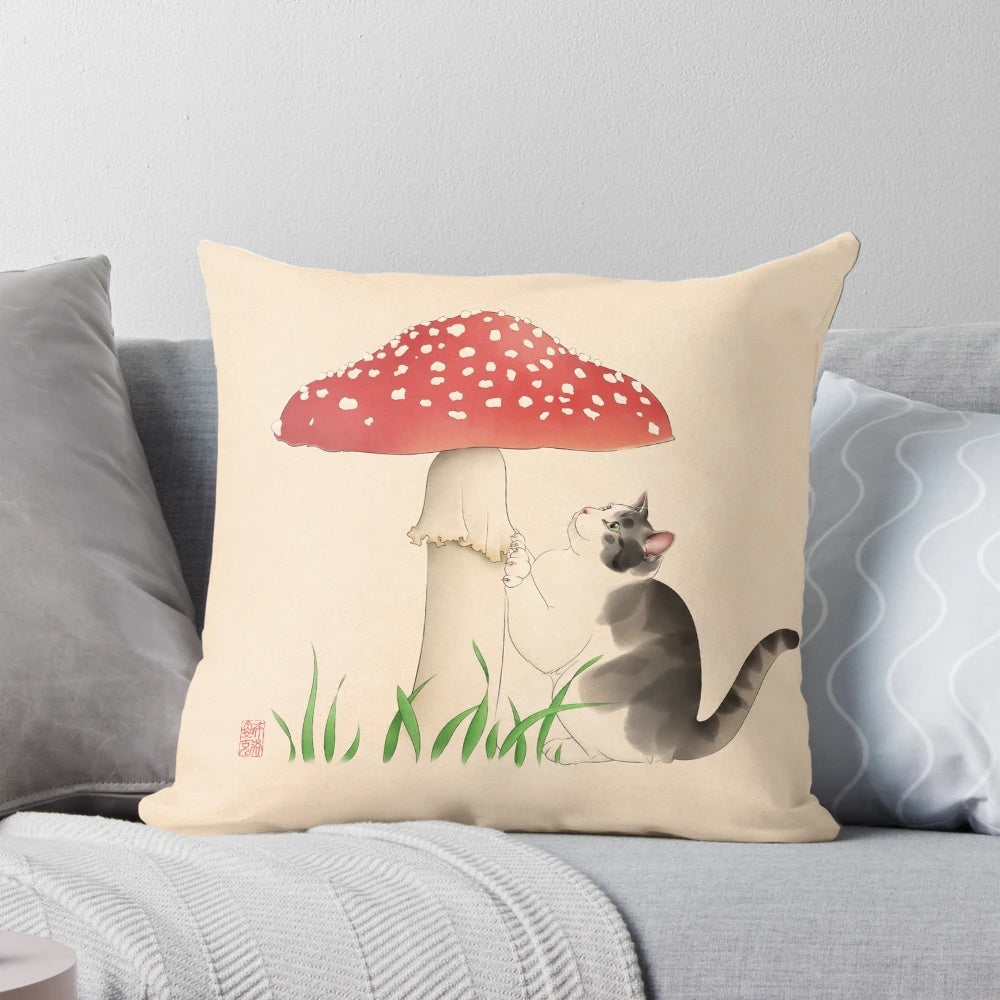 A pillow featuring a tabby cat sitting next to a colorful toadstool mushroom in a retro, Japanese-inspired art style.