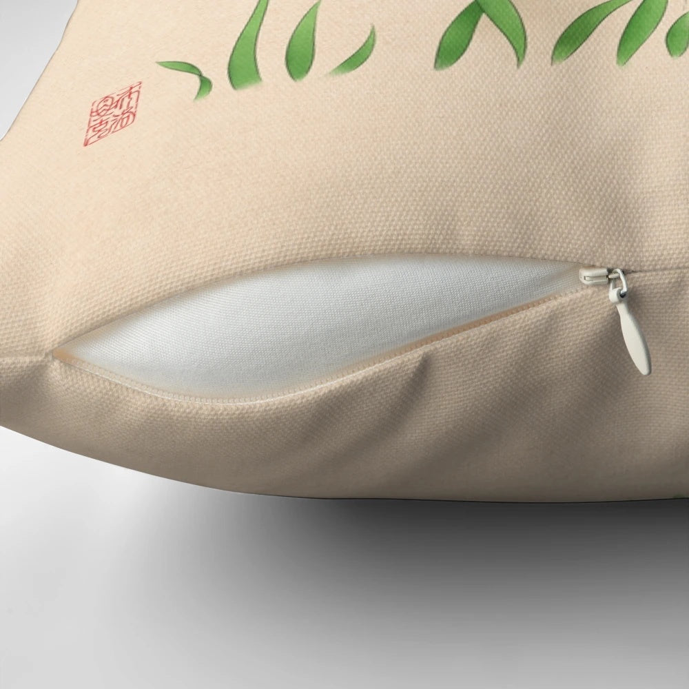 A pillow featuring a tabby cat sitting next to a colorful toadstool mushroom in a retro, Japanese-inspired art style.